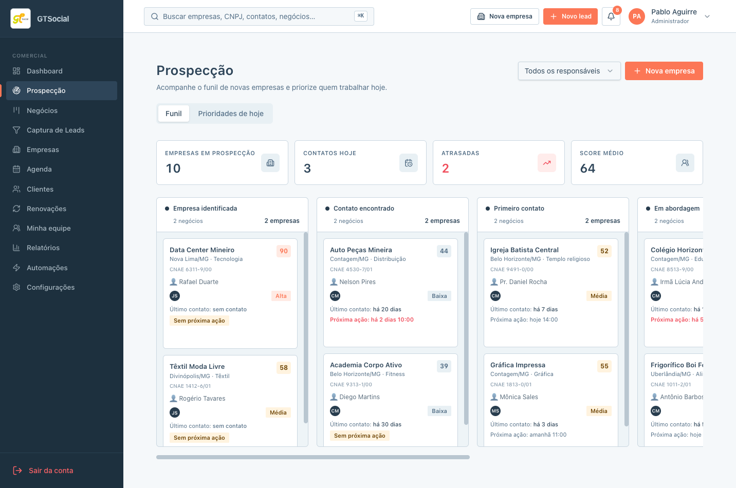 Tela de prospecção do The Flow com indicadores, lista de leads e acompanhamento comercial